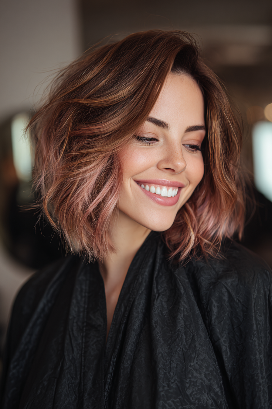 9. Layered Lob with Rose Gold Streaks (Edgy Hairstyles For Women Over 40) - Edgy Hairstyles For Women Over 40