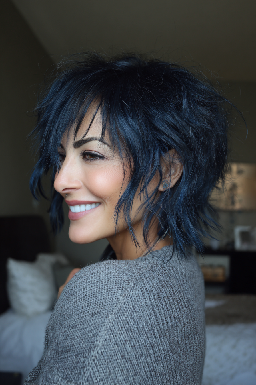 10. Razor Cut Shag with Midnight Blue Undertones (Edgy Hairstyles For Women Over 40) - Edgy Hairstyles For Women Over 40