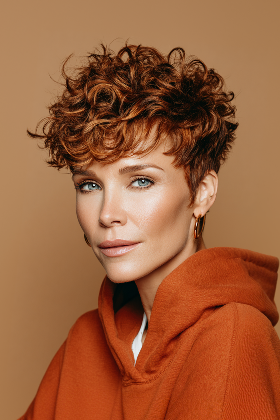 11. Curly Pixie with Copper Highlights (Edgy Hairstyles For Women Over 40) - Edgy Hairstyles For Women Over 40