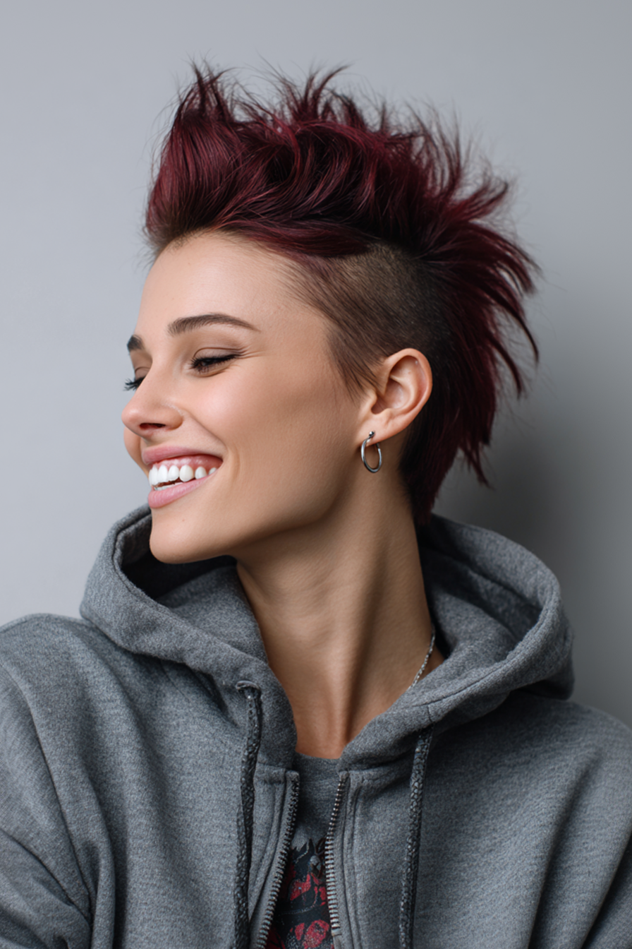 15. Mohawk-Inspired Crop with Dark Cherry Red (Edgy Hairstyles For Women Over 40) - Edgy Hairstyles For Women Over 40