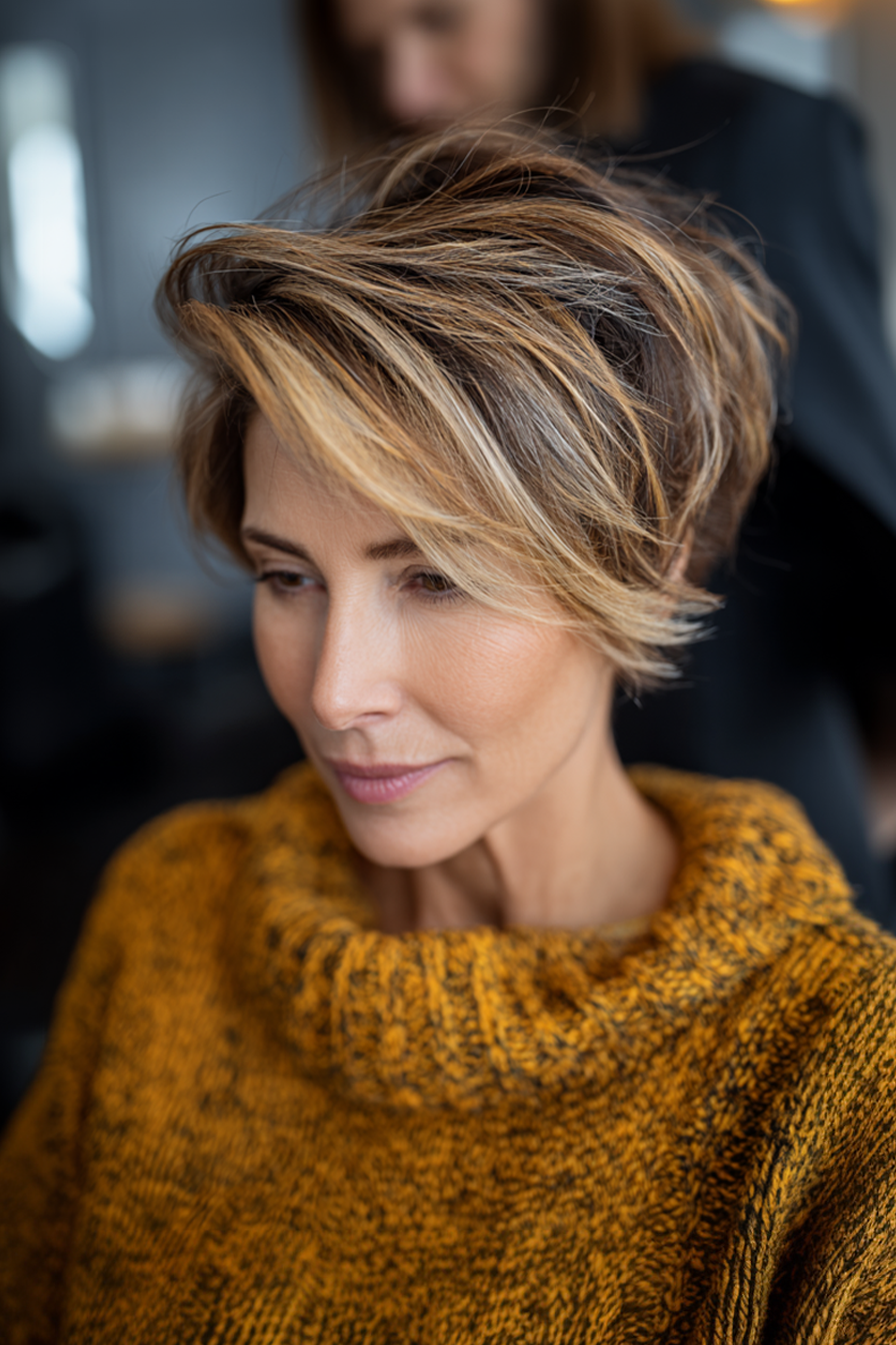 20. Layered Crop with Golden Caramel Blend (Edgy Hairstyles For Women Over 40) - Edgy Hairstyles For Women Over 40