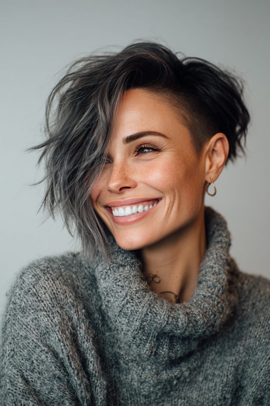 21. Undercut Shaggy Lob with Graphite Gray (Edgy Hairstyles For Women Over 40) - Edgy Hairstyles For Women Over 40