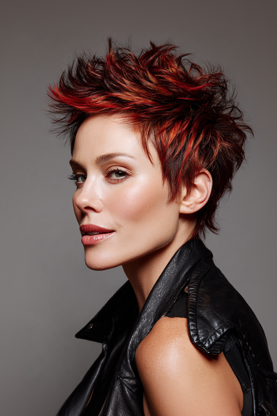 22. Rocker Pixie with Bold Red Accents (Edgy Hairstyles For Women Over 40) - Edgy Hairstyles For Women Over 40