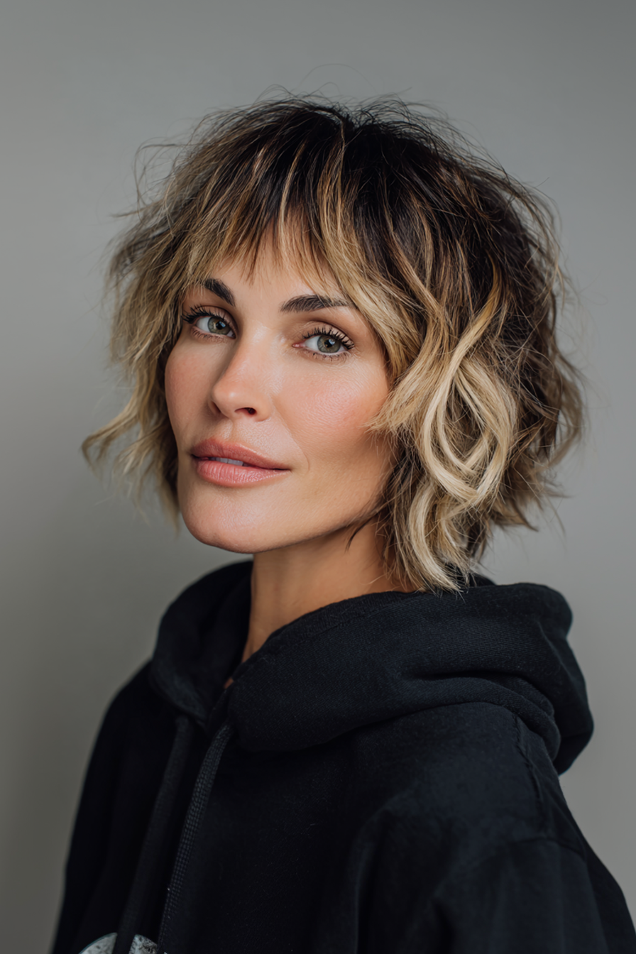 25. Shaggy Layered Crop with Bronde Balayage (Edgy Hairstyles For Women Over 40) - Edgy Hairstyles For Women Over 40