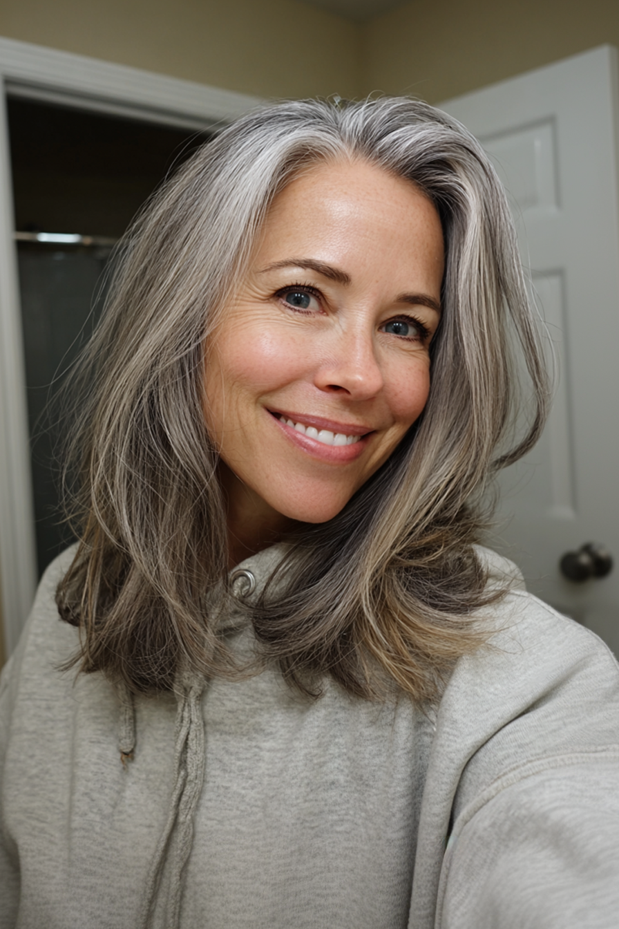 26. Long Layers with Smoky Gray Ombre (Edgy Hairstyles For Women Over 40) - Edgy Hairstyles For Women Over 40