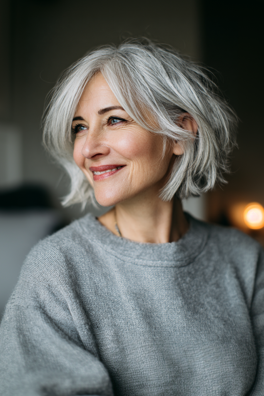 1. Short Layered Bob with Silver Ash (Layered Hairstyles For Older Women With Fine Hair) - Layered Hairstyles For Older Women With Fine Hair