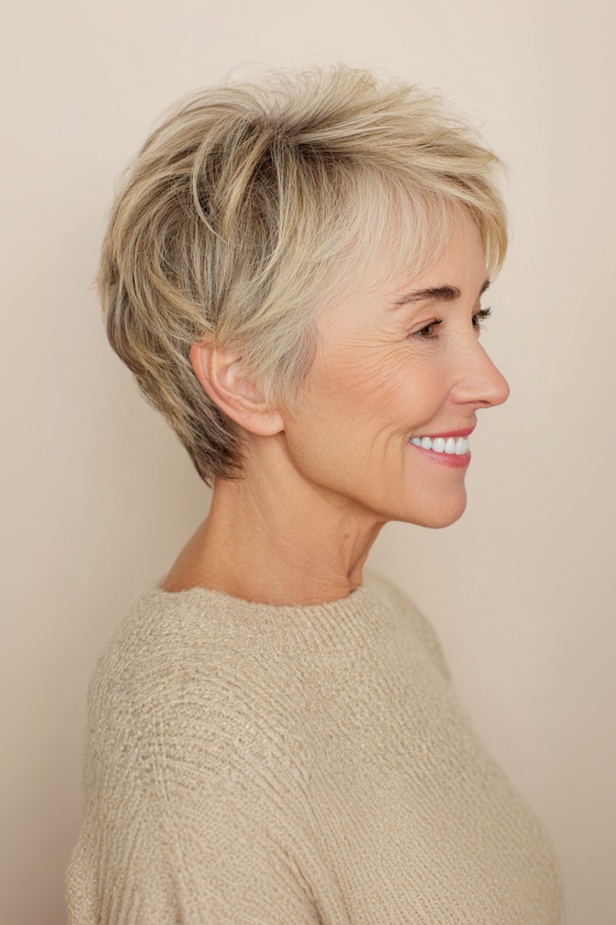 2. Soft Pixie Layers in Champagne Blonde (Layered Hairstyles For Older Women With Fine Hair) - Layered Hairstyles For Older Women With Fine Hair
