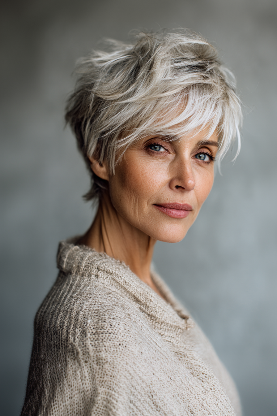 8. Long Pixie with Textured Layers in Silver Blonde (Layered Hairstyles For Older Women With Fine Hair) - Layered Hairstyles For Older Women With Fine Hair