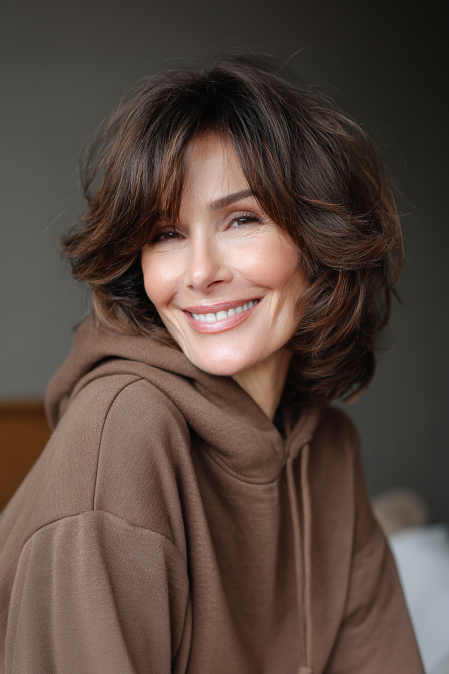 18. Shoulder-Length Feather Cut in Cool Brunette (Layered Hairstyles For Older Women With Fine Hair) - Layered Hairstyles For Older Women With Fine Hair