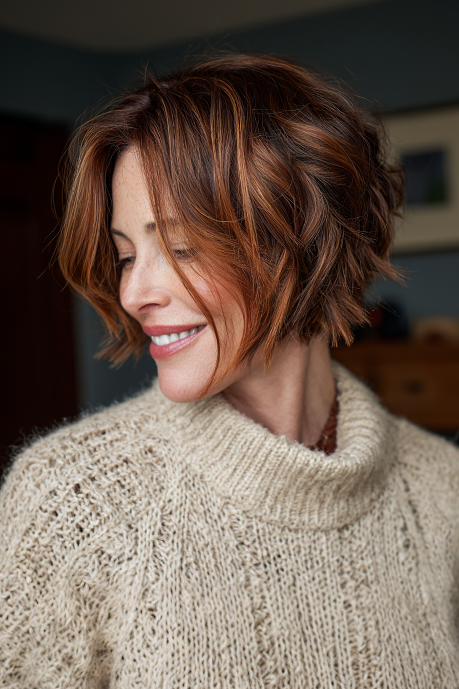 19. Layered Bob with Copper Highlights (Layered Hairstyles For Older Women With Fine Hair) - Layered Hairstyles For Older Women With Fine Hair