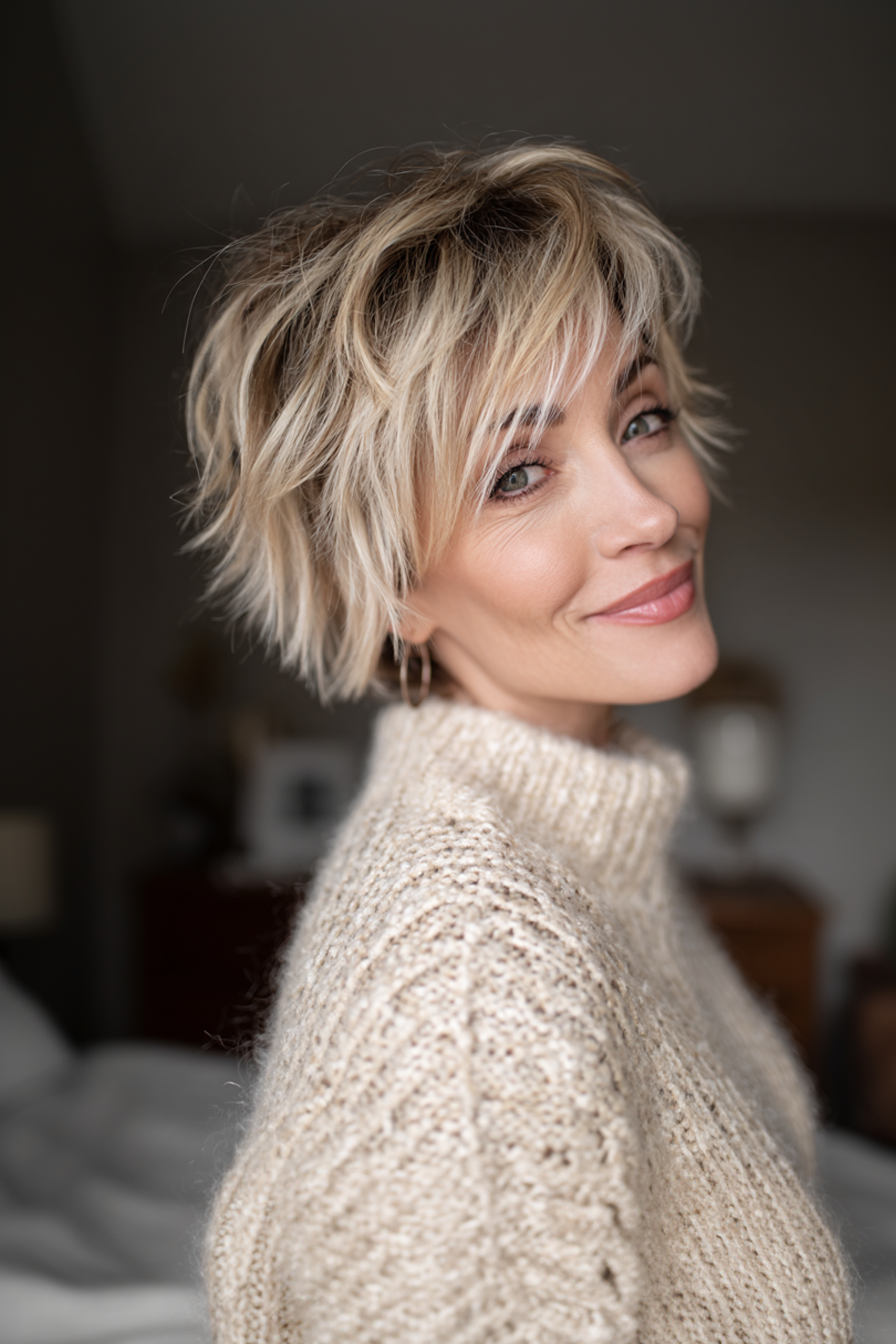 21. Short Shag Layers in Frosted Blonde (Layered Hairstyles For Older Women With Fine Hair) - Layered Hairstyles For Older Women With Fine Hair