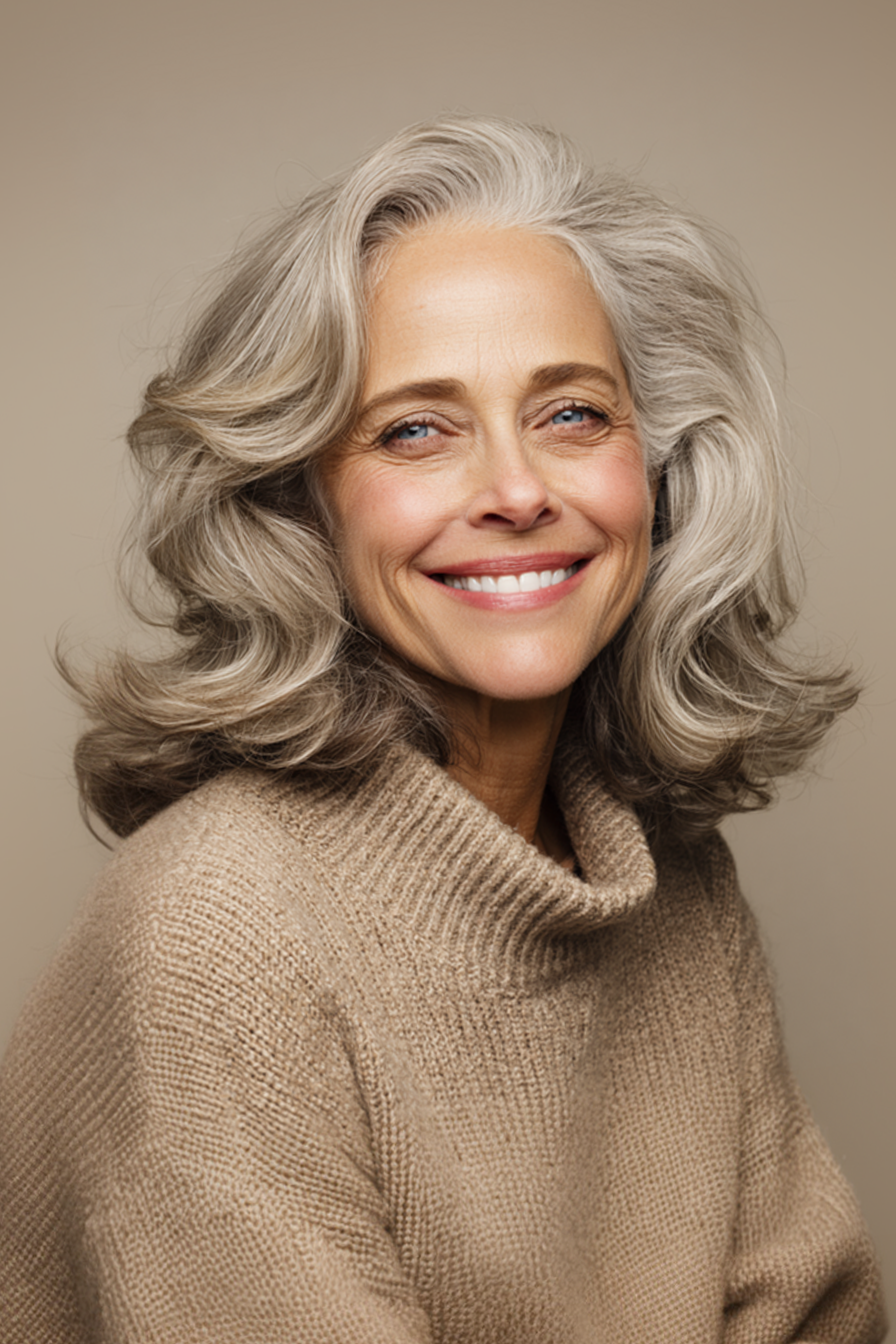 23. Flipped-Out Layers in Sandy Silver (Layered Hairstyles For Older Women With Fine Hair) - Layered Hairstyles For Older Women With Fine Hair