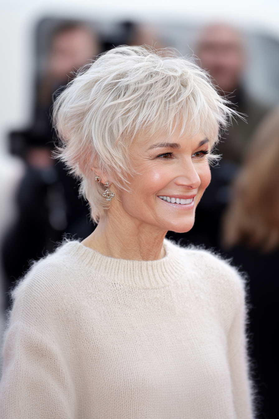 24. Cropped Feathered Pixie in Pearl Blonde (Layered Hairstyles For Older Women With Fine Hair) - Layered Hairstyles For Older Women With Fine Hair