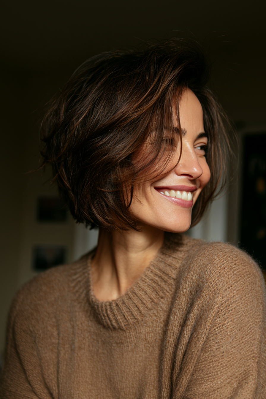 25. Modern Layered Bob with Espresso Depth (Layered Hairstyles For Older Women With Fine Hair) - Layered Hairstyles For Older Women With Fine Hair