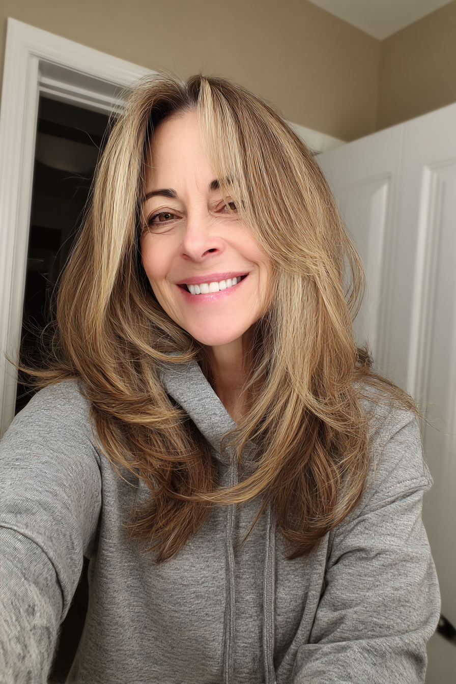 27. Long Layered Cut with Face-Framing Highlights (Layered Hairstyles For Older Women With Fine Hair) - Layered Hairstyles For Older Women With Fine Hair