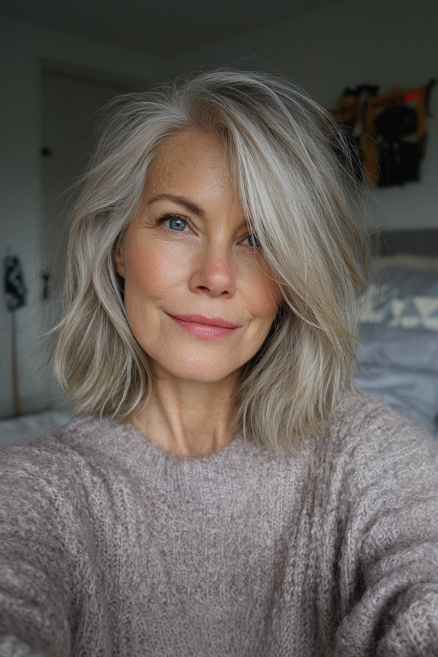 1. Feathered Ash Blonde Lob (Medium Length Bob Haircuts For Older Women) - Medium Length Bob Haircuts For Older Women