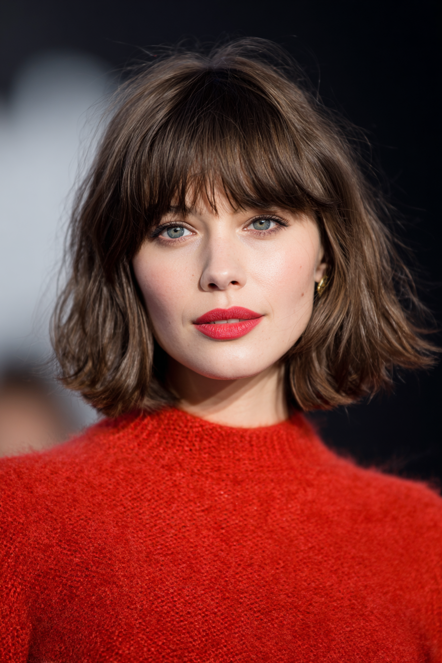 5. Wispy Brunette Bob with Bangs (Medium Length Bob Haircuts For Older Women) - Medium Length Bob Haircuts For Older Women