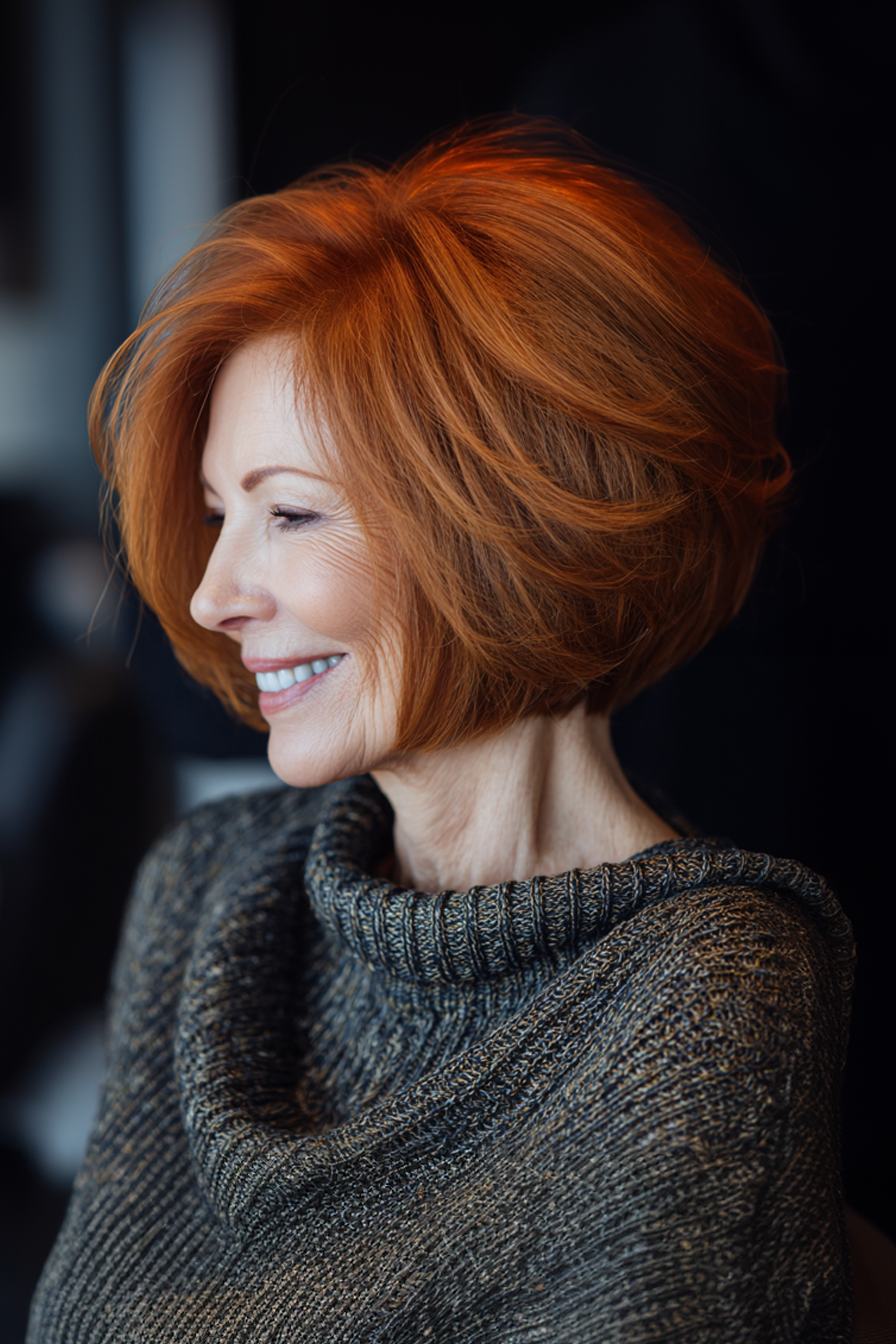 8. Angled Copper Glow Bob (Medium Length Bob Haircuts For Older Women) - Medium Length Bob Haircuts For Older Women
