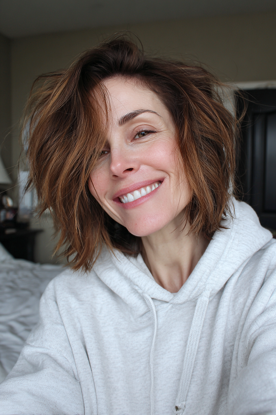 13. Tousled Warm Mocha Bob (Medium Length Bob Haircuts For Older Women) - Medium Length Bob Haircuts For Older Women