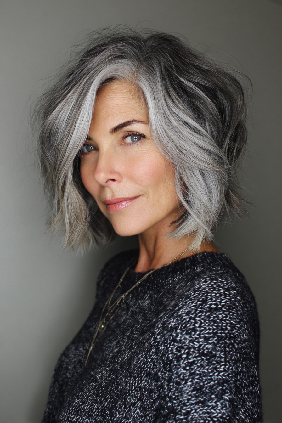 15. Razored Bob with Silver Lowlights (Medium Length Bob Haircuts For Older Women) - Medium Length Bob Haircuts For Older Women
