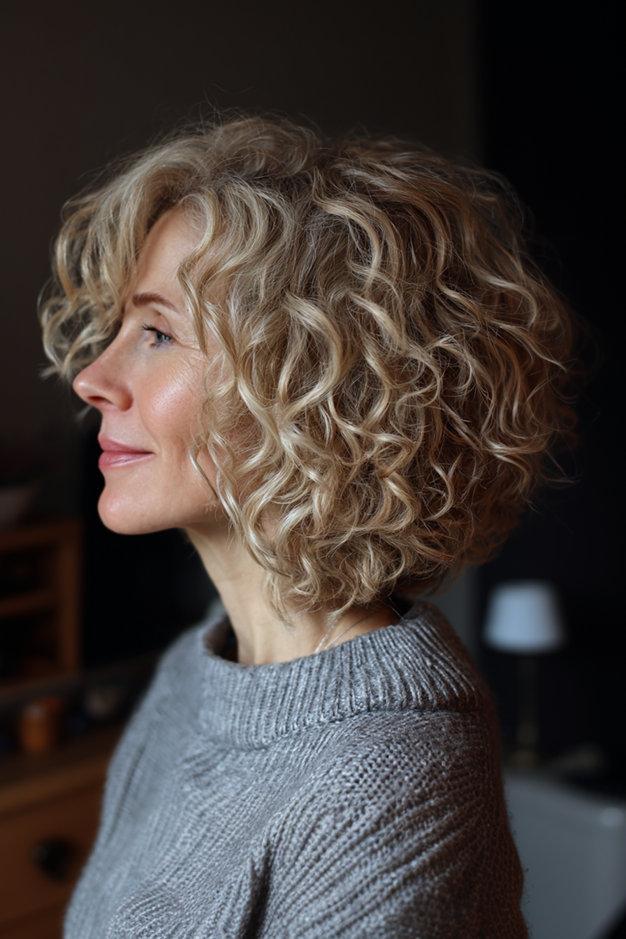 16. Curly Champagne Bob (Medium Length Bob Haircuts For Older Women) - Medium Length Bob Haircuts For Older Women