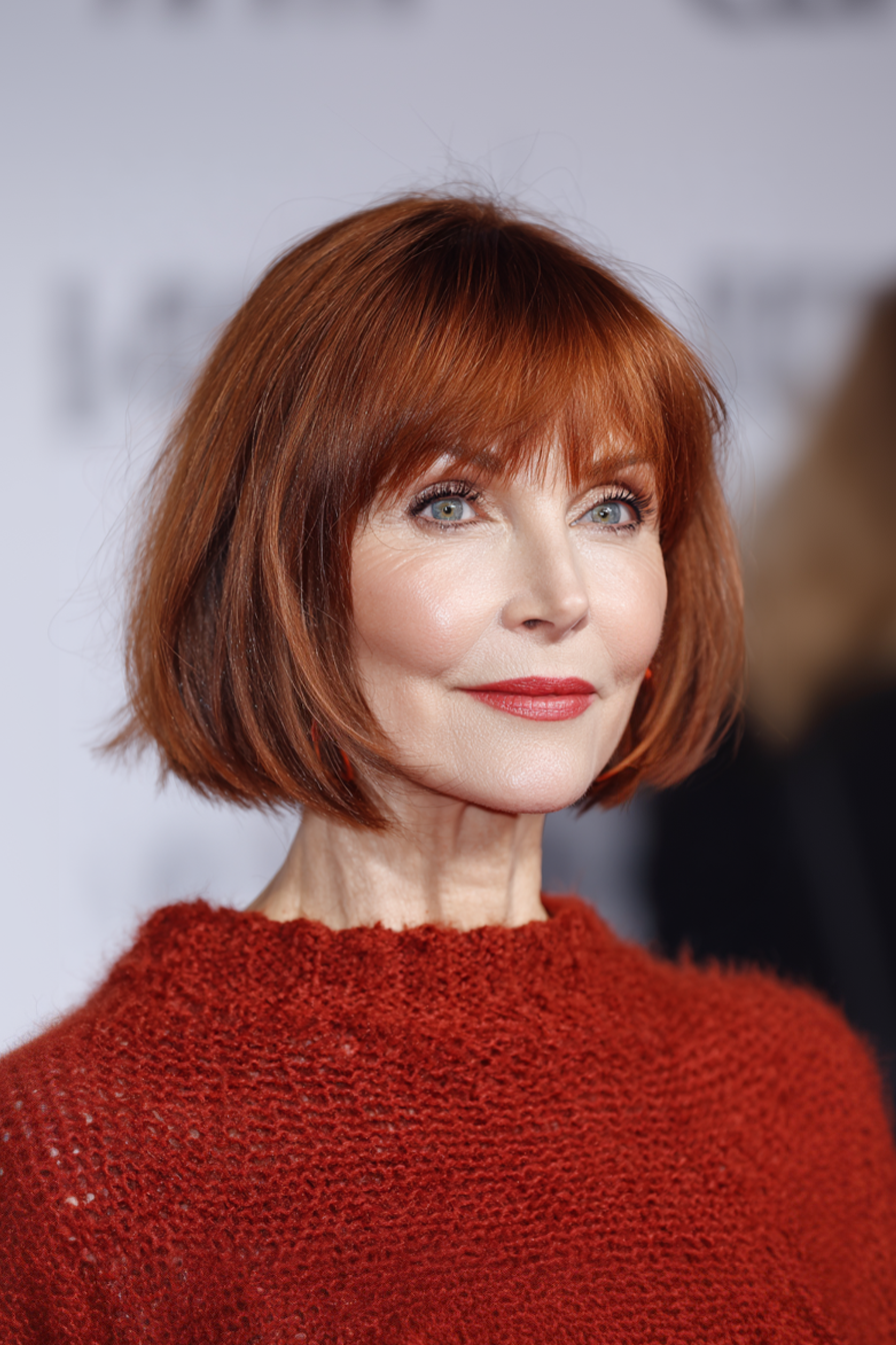 19. Swooped Bangs and Auburn Bob (Medium Length Bob Haircuts For Older Women) - Medium Length Bob Haircuts For Older Women
