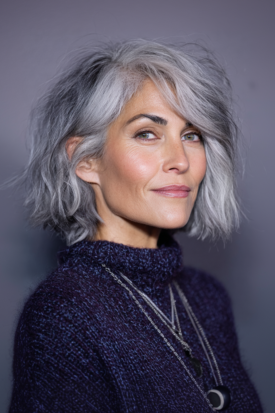 20. Textured Gray Melt Lob (Medium Length Bob Haircuts For Older Women) - Medium Length Bob Haircuts For Older Women