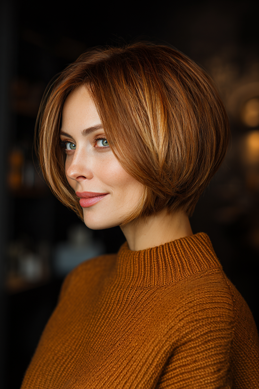 22. Tapered Cinnamon Root Bob (Medium Length Bob Haircuts For Older Women) - Medium Length Bob Haircuts For Older Women
