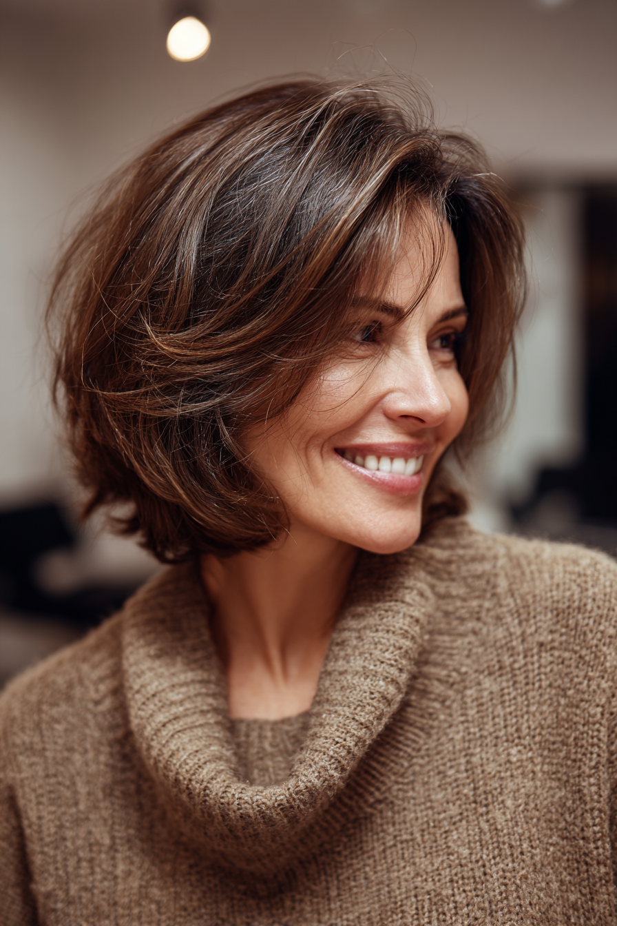 23. Layered Cool Brunette Lob (Medium Length Bob Haircuts For Older Women) - Medium Length Bob Haircuts For Older Women