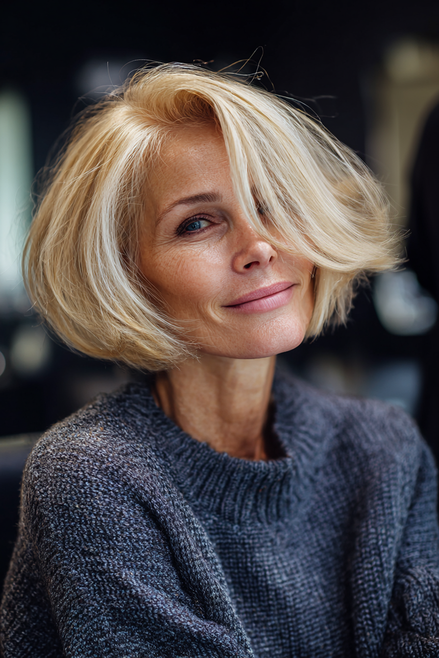 24. Rounded Butter Blonde Bob (Medium Length Bob Haircuts For Older Women) - Medium Length Bob Haircuts For Older Women