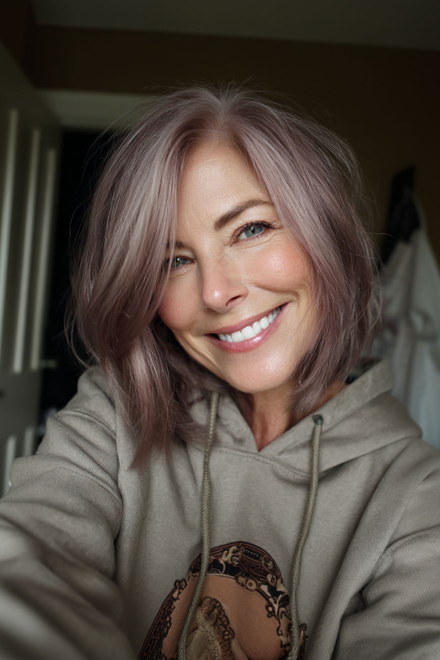 25. Collarbone-Length Ash Mauve Bob (Medium Length Bob Haircuts For Older Women) - Medium Length Bob Haircuts For Older Women