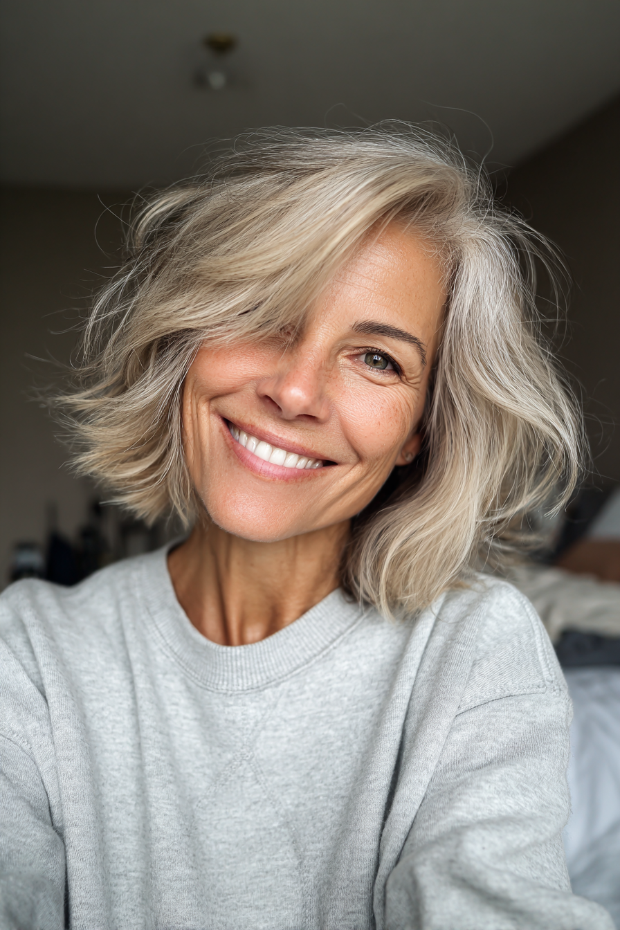 26. Soft Shaggy Beige Bob (Medium Length Bob Haircuts For Older Women) - Medium Length Bob Haircuts For Older Women