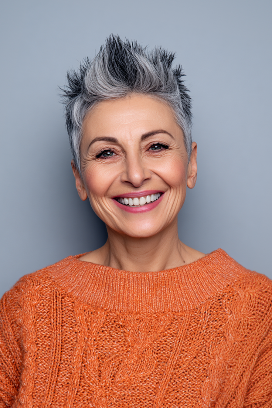 6. Salt-and-Pepper Spiky Crop (Spiky Hairstyles For Older Women) - Spiky Hairstyles For Older Women