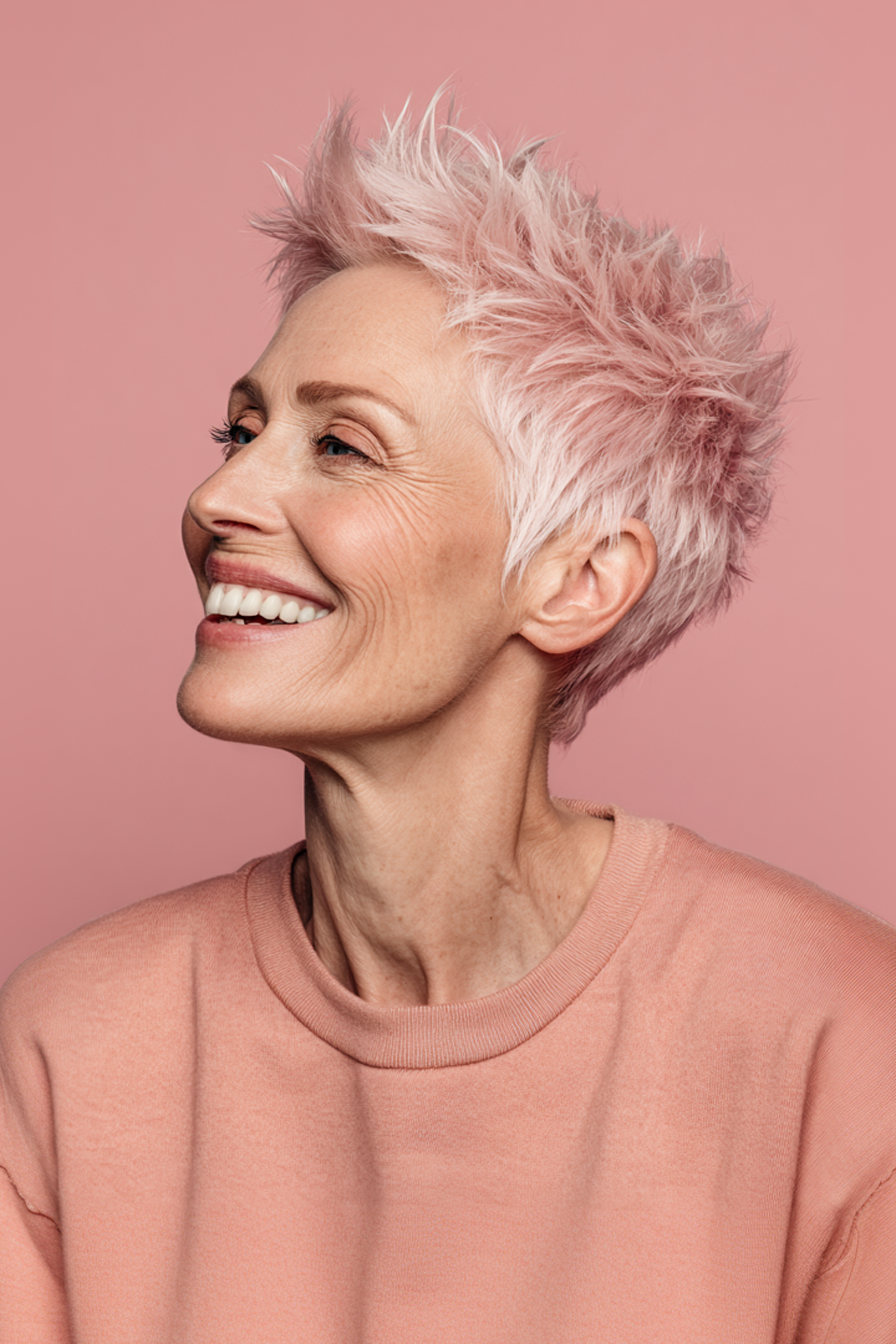17. Spiky Pastel Pink Pixie (Spiky Hairstyles For Older Women) - Spiky Hairstyles For Older Women
