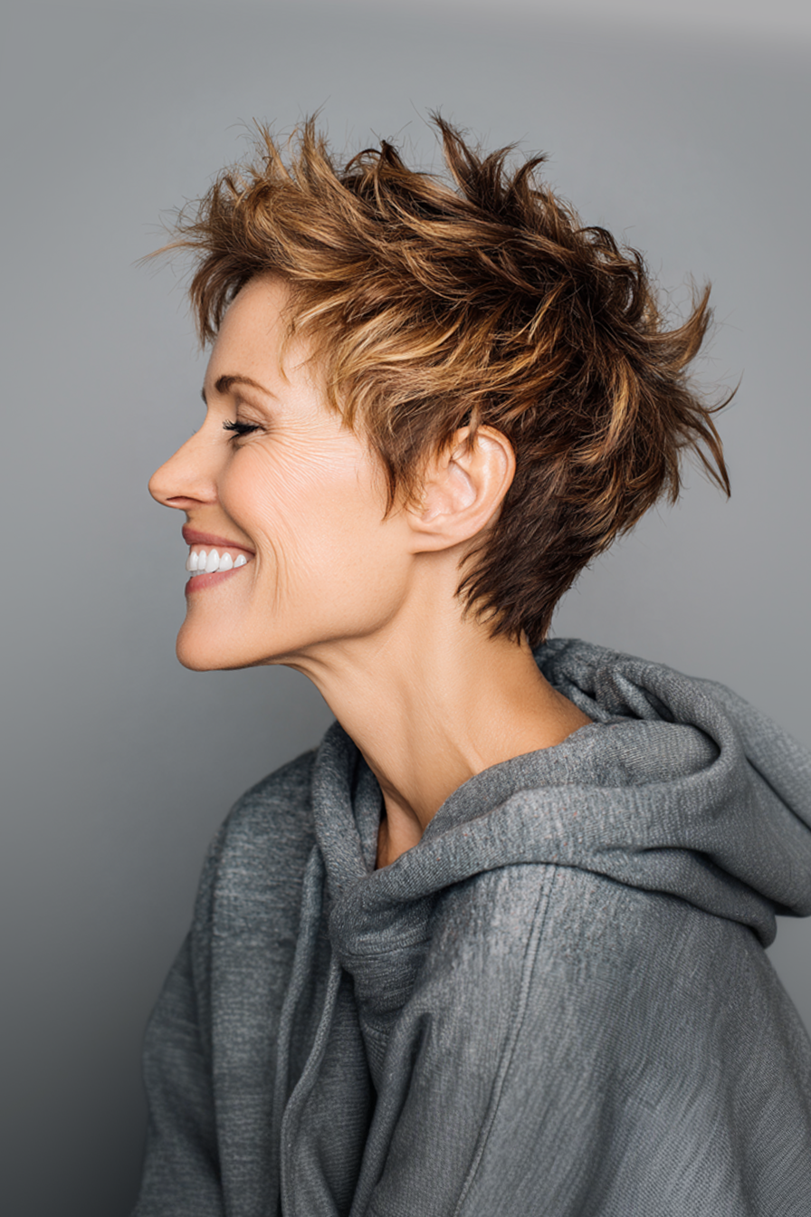 18. Short Spiky Brunette Crop with Highlights (Spiky Hairstyles For Older Women) - Spiky Hairstyles For Older Women