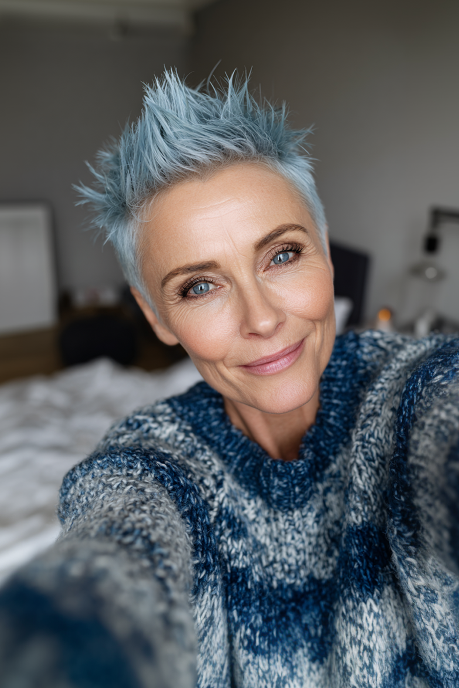 19. Icy Blue-Tinted Spiky Pixie (Spiky Hairstyles For Older Women) - Spiky Hairstyles For Older Women