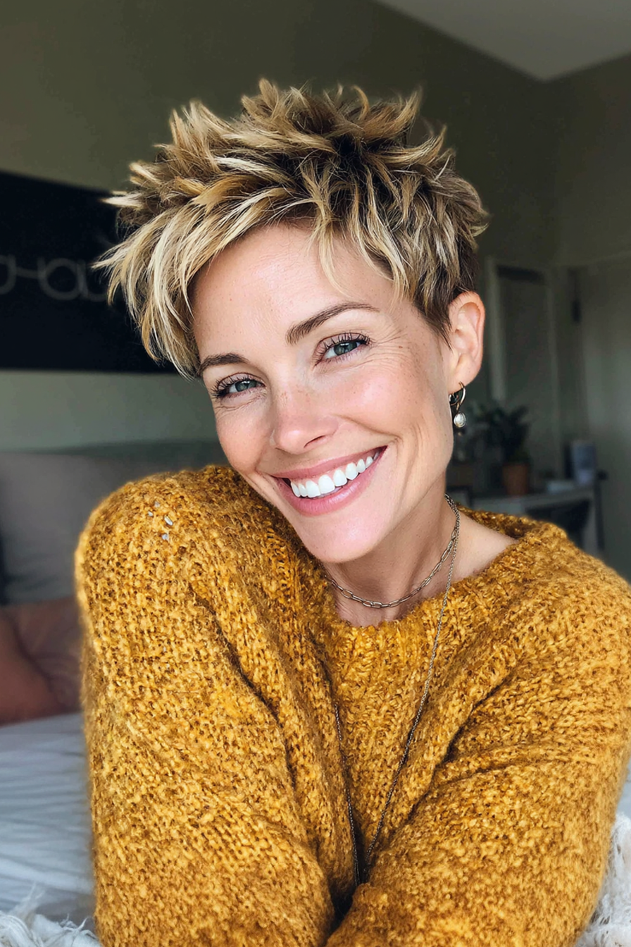 22. Spiky Golden Caramel Pixie (Spiky Hairstyles For Older Women) - Spiky Hairstyles For Older Women