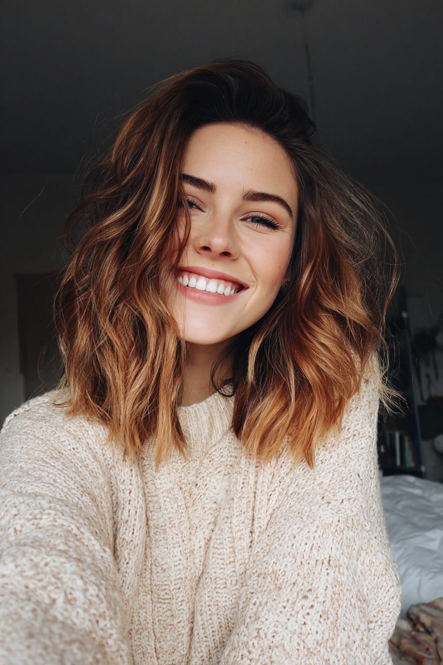 1. Tousled Lob with Honey Balayage (Wavy Shoulder Length Hairstyles) - Wavy Shoulder Length Hairstyles