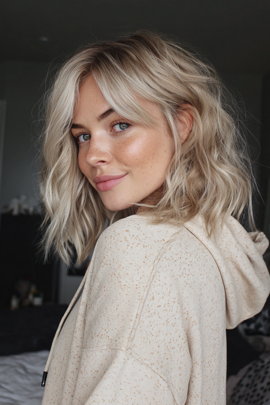 2. Textured Shag Waves in Ash Blonde (Wavy Shoulder Length Hairstyles) - Wavy Shoulder Length Hairstyles