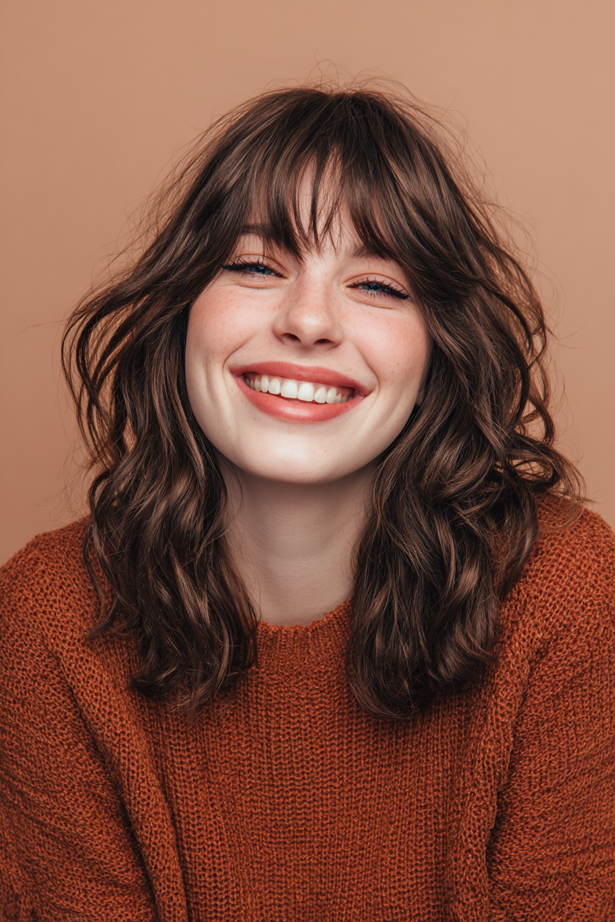 3. Chocolate Brown Wavy Cut with Curtain Bangs (Wavy Shoulder Length Hairstyles) - Wavy Shoulder Length Hairstyles