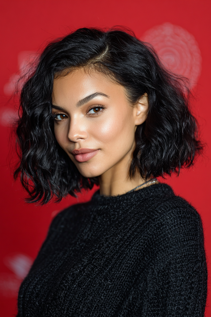 6. Classic Wavy Bob in Glossy Black (Wavy Shoulder Length Hairstyles) - Wavy Shoulder Length Hairstyles