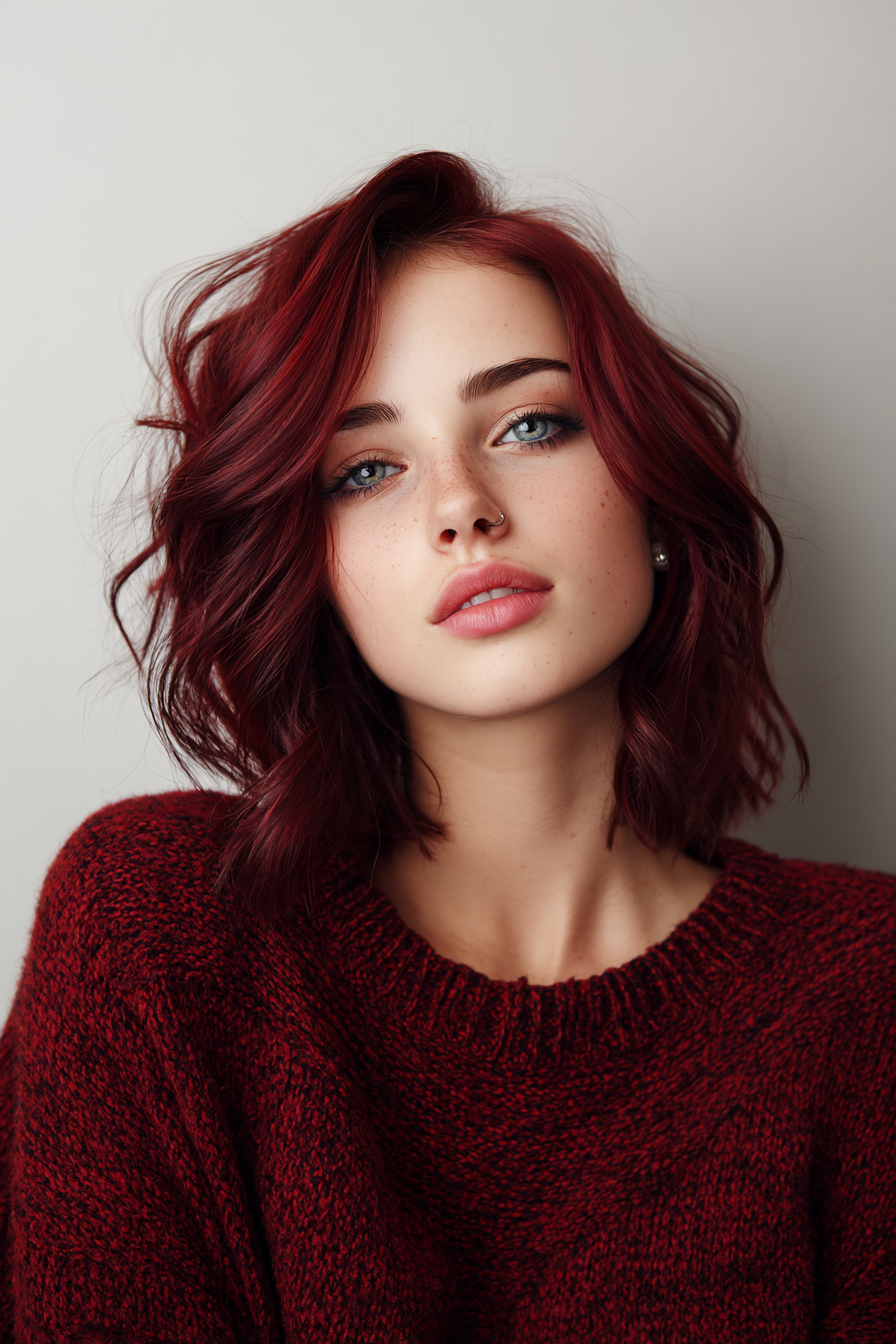 11. Shoulder Grazing Waves with Burgundy Tint (Wavy Shoulder Length Hairstyles) - Wavy Shoulder Length Hairstyles