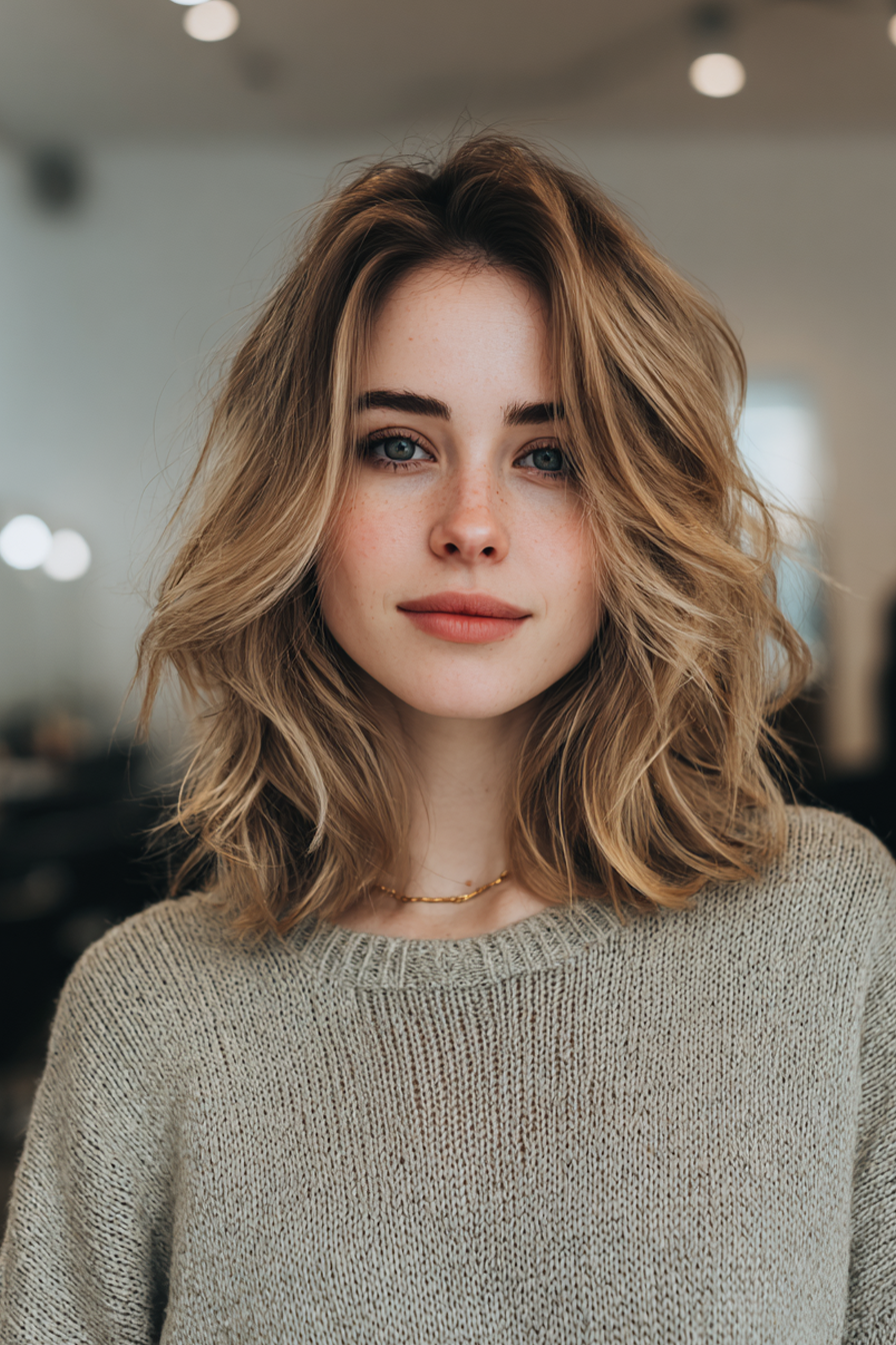 12. Middle-Parted Waves with Sandy Blonde Balayage (Wavy Shoulder Length Hairstyles) - Wavy Shoulder Length Hairstyles