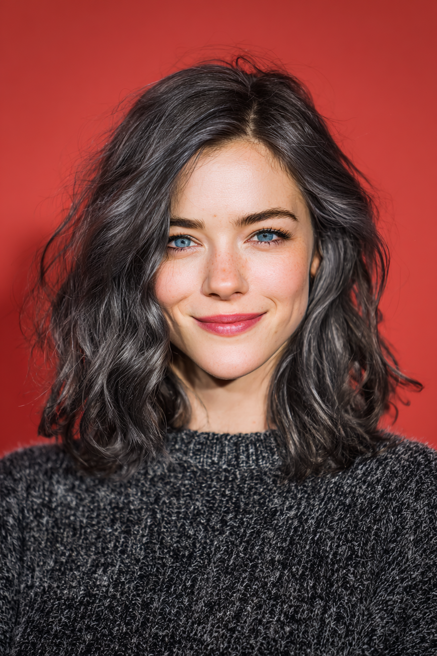 14. Layered Shoulder Waves in Smoky Gray (Wavy Shoulder Length Hairstyles) - Wavy Shoulder Length Hairstyles