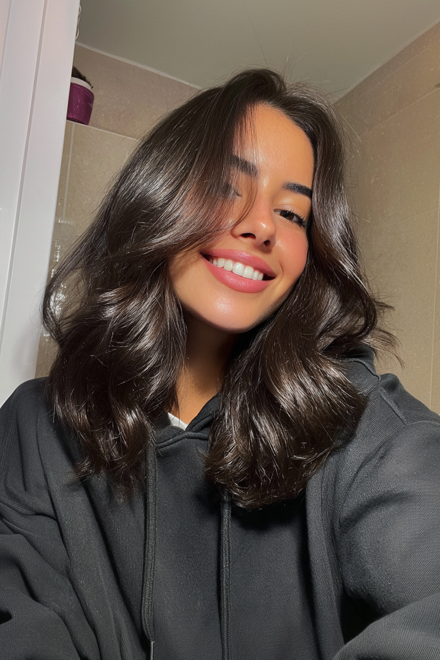 16. Sleek Shoulder Waves in Espresso Brown (Wavy Shoulder Length Hairstyles) - Wavy Shoulder Length Hairstyles