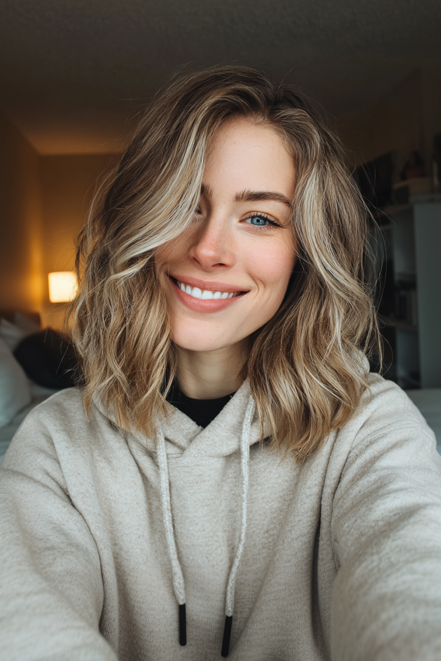 18. Modern Wavy Lob with Icy Blonde Streaks (Wavy Shoulder Length Hairstyles) - Wavy Shoulder Length Hairstyles