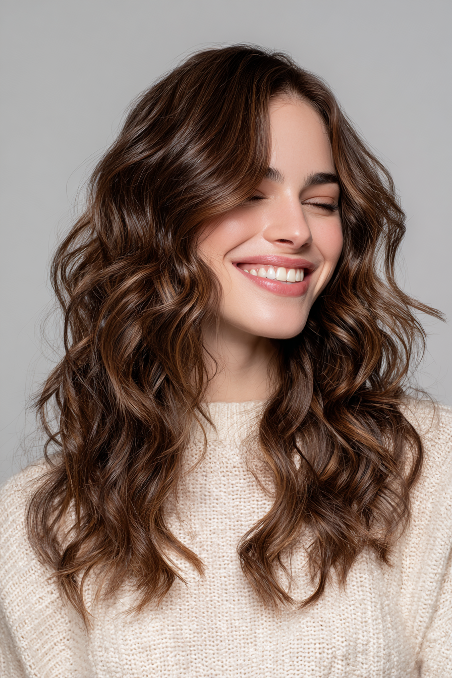 20. Effortless Waves in Chestnut with Baby Lights (Wavy Shoulder Length Hairstyles) - Wavy Shoulder Length Hairstyles