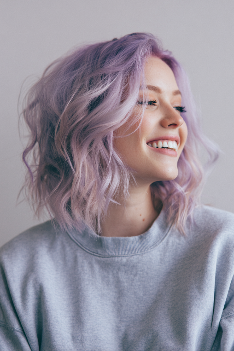 21. Wavy Lob with Pastel Lavender Hues (Wavy Shoulder Length Hairstyles) - Wavy Shoulder Length Hairstyles