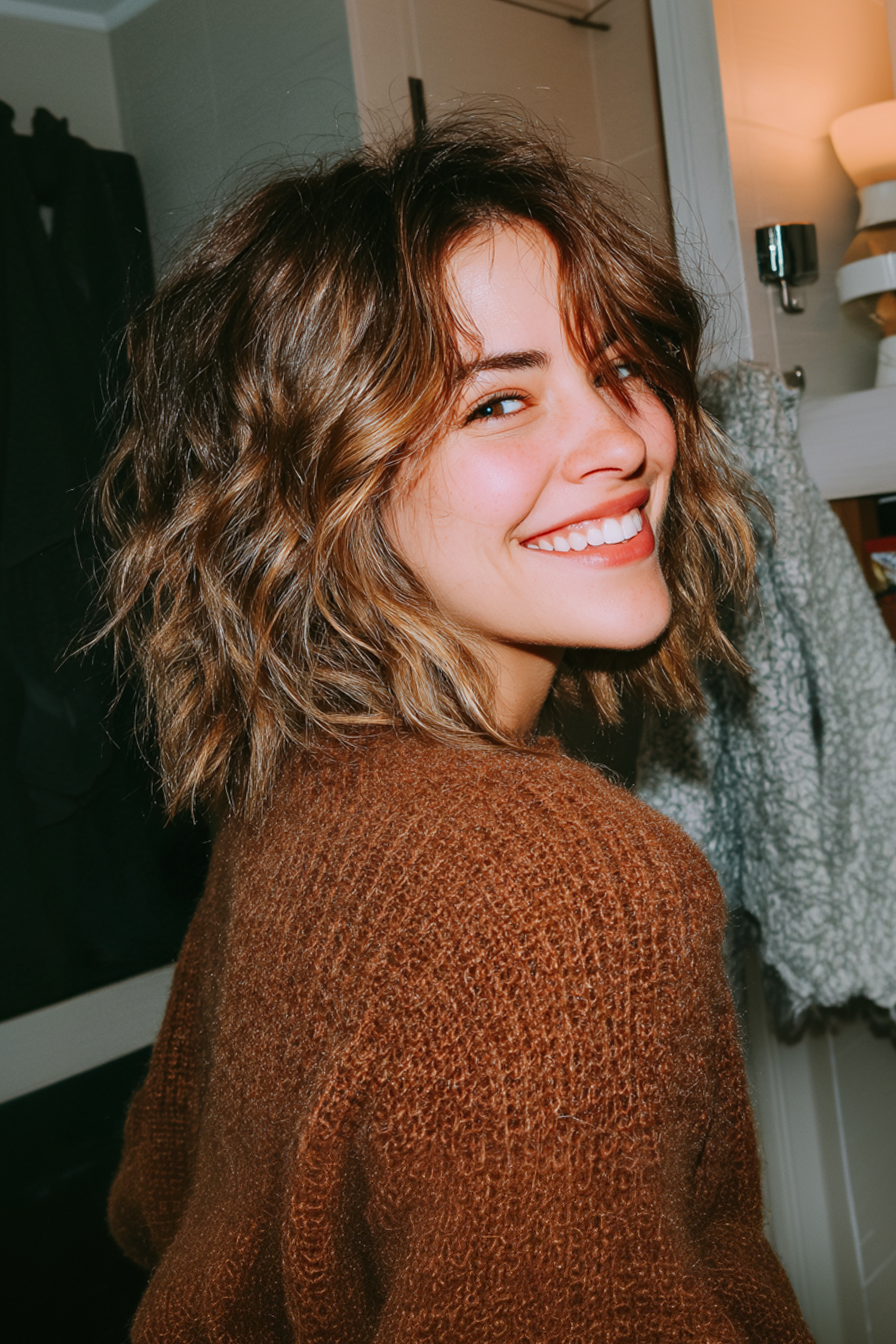 22. Choppy Shoulder Waves with Bronze Balayage (Wavy Shoulder Length Hairstyles) - Wavy Shoulder Length Hairstyles