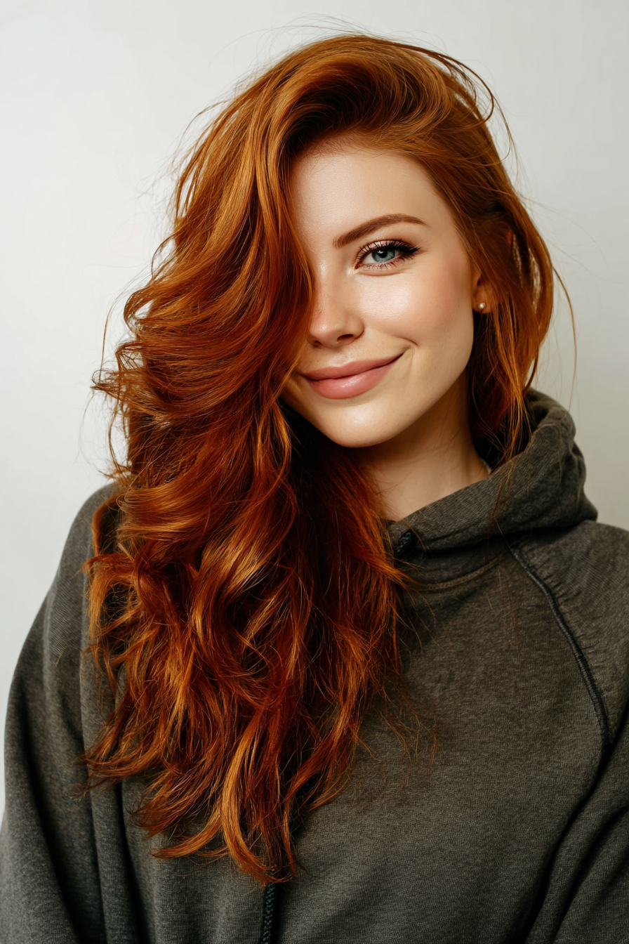 23. Side-Swept Waves in Deep Auburn (Wavy Shoulder Length Hairstyles) - Wavy Shoulder Length Hairstyles